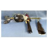 Ceremonial Turtle Shell Rattle With Coyote Fur Trim, Hide Wrapped Handle, And Feather Accents, 29"