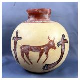 Polychrome Ceramic Pot With Deer Images And Abstract Designs, Approx 9" Tall x 9.5" Diameter 