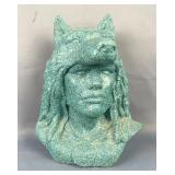 Native American In Wolf Headdress Painted Bisque Bust, 11" x 8.5" x 7"