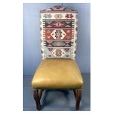 Kilim Back Leather Chair With Decorative Wood Legs 