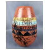 Navajo Red Clay Etched Pot, Signed Clah, Approx 6.5" Tall And 4" Diameter