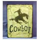Cowboy Metal Sign With Image Of Bronco Busting, 12.5" x 9.5" 