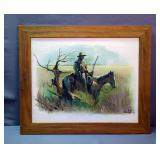 Original Painting Of Man On Horseback, Acrylic On Canvas, Signed Kirk-A.B, Framed, 19" x 22.75"