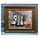 Cowboy Boots Artwork With Glitter Accents, Print On Board, Framed, 15.5" x 18.5"
