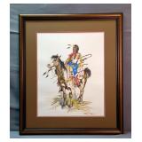 Original Mixed Media Painting Of Native American Warrior On Horseback, Signed "Hedic", Framed And Ma