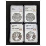 2013, 2016, 2018, And 2020 American Eagle $1 Silver Coins, Each Is 1 oz. Fine Silver And Graded MS69