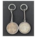 Morgan Silver Dollars, Qty 6, Includes 1883O, 1884O, 1889, 1889O, Qty 2, And 1898, 2 Are In Keychain