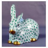  Herend Handpainted Fishnet Porcelain Resting Rabbit Figurine With 24K Gold Accents, Approx 3.5" x 4