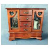 Wooden Jewelry Armoire With Etched Glass, Approx 12" x 8" x 5" 