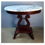 Victorian Style Oval Marble Top Accent Table On Lyre/Harp Base, Approx 28.5" x 29" x 19.5"