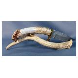 Custom Damascus Fixed Blade With Antler Handle, 3.5" Blade, On Antler Display Stand, And Buck Triple