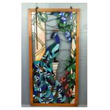 Stained Glass Peacock Panel In Wooden Frame, Approx 40.25" x 20.25" 