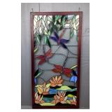 Stained Glass Dragonfly And Water Lily Framed Panel, Approx 40.5" x 20.5" 