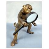 Brass Monkey Statue Holding Magnifying Glass, 7.5" Tall 