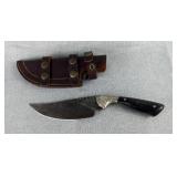 Peterson Damascus Steel Skinning Knife, 5.5" Blade, With Leather Sheath