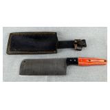 Damascus Steel 6" Cleaver Knife With Wood Handle And Leather Sheath
