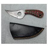 Damascus 3.5" Steel Skinner Knife With Multi-Colored Wood Handle And Leather Sheath
