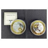 Presidential Roles Of JFK Gold and Silver Plated Commemorative Coins, Qty 2, One With COA, Cases Are
