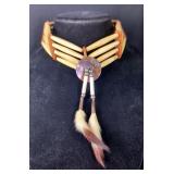 Native American Style Chocker Necklace With Shell And Fur Accents, Approx 2" x 20"