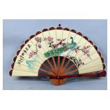 Hand Painted Chinese Folding Fan With Watercolor Peacock And Cherry Blossom Design, 16" x 28"