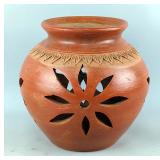 Hand Crafted Terracotta Lantern With Floral Cutouts, 10.5" x 11"
