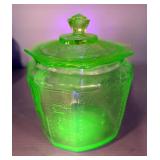 Uranium Glass Lidded Jar With Pressed Pattern 