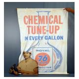 Union 76 Royal Gasoline Cloth Banner Scroll 58" x 45", And Muehlebach Cardboard Cut-Out Sign 