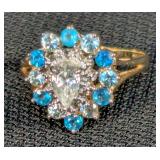 14K Gold Pear Shaped Lab Created Diamond With Swiss Blue Topaz And Apatite Faceted Stones, Sz 7 