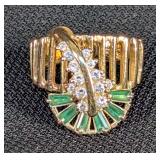 14K Gold Natural Emerald And Diamond Spinner Ring, Circa 1970