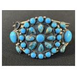 Sterling Silver Cluster Turquoise Cuff Bracelet, Marked Sterling And "M"