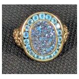 14K Gold Druzy And Swiss Blue Topaz Ring, Sz 7