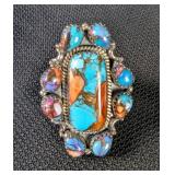 Southwest Style Oyster Copper Turquoise Sterling Silver Adjustable Statement Ring, Sz 9