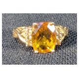 0K Gold Cushion Cut Clyde Duneier Citrine With Accent Stones Ring, Marked CID, Sz 6
