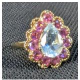 10K Gold MEI Blue Topaz With Pink Rhodolite Stones, Sz 6.5