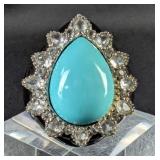 Sterling Silver, Stabilized Turquoise, White Topaz Gemstone, And Enamel Ring, Size 8