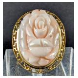 14K Gold And Carved Rose Quartz Rose Ring, Size 6 