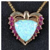 10K Gold, White Opal, And Rhodolite Gemstone Heart Necklace, 18.5" Chain 
