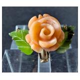 14K Gold, Coral, And Nephrite Carved Rose Ring, Size 5 