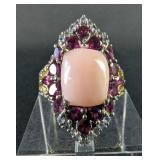 Sterling Silver, Pink Chalcedony, And Garnet And Light Tanzanite Gemstone Ring, Marked "STS", Size 7