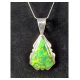 Jay King Green Copper Turquoise Teardrop Sterling Silver Pendant With Scalloped Edge, Approx 2", On 