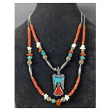Southwest Style Double Strand Turquoise And Coral Necklace With Bird Pendant