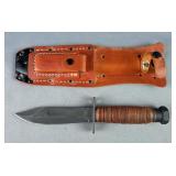 Fixed Blade Knife With Serrated Back Edge, 5" Blade, With Whetstone In Leather Sheath