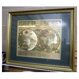 Vintage Matted and Framed Gold Foil Blaeu Wall Map of the Old and New World, 32"W x 25"H