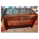Heavily Carved, Antique Trunk With Oriental Theme Inlaid Glass Top Over Garden Scene All Sides With 