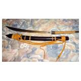 Scimitar Style Sword With Brass and Reed Wrapped Hilt and Wood Sheath Blade is Stamped, 20.25" Blade