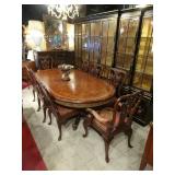 EJ VICTOR CHIPPENDALE DINING TABLE WITH 2 LEAVES AND 10 CHAIRS, RED AND GOLD UPHOLSTERY