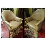 PAIR ROBB & STUCKY LEATHER ARMCHAIRS WITH LIGHT FINISH WOOD FRAMES