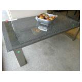 MODERN DESIGN BRUSHED STEEL COFFEE TABLE WITH PALE GRAY/SILVER CRAQUELURE GLASS TOP