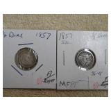 2- 1857 Seated LIberties Half Dimes