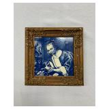 P14--framed blue and white tile, prob Dutch P14--framed blue and white tile, prob Dutch